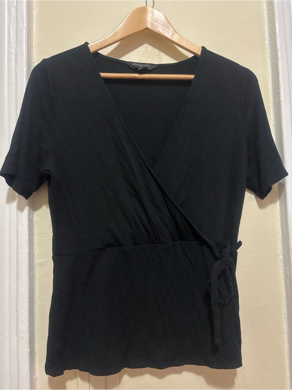 Black Short-Sleeve Wrap Blouse with Side Tie